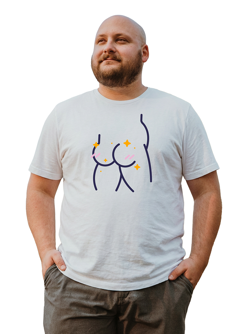 A man with a beard and shaved head wearing a white 'Booty Call' t-shirt. The shirt features a minimalist navy blue line art graphic of a person's backside with small yellow and pink sparkles.
