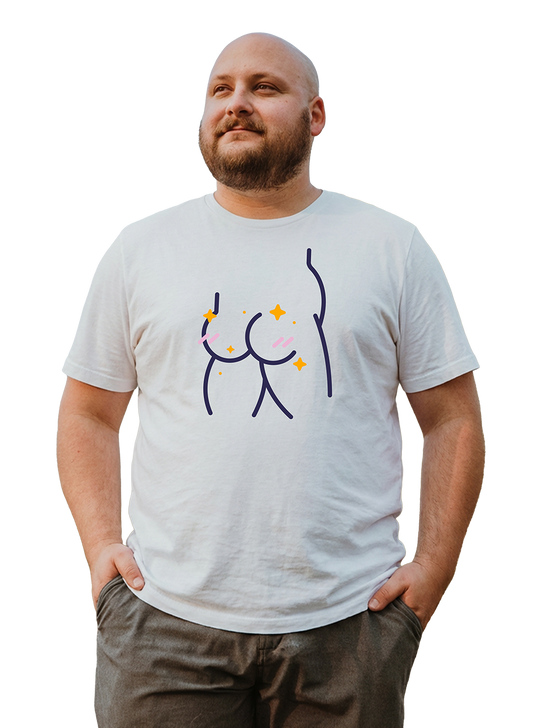 A man with a beard and shaved head wearing a white 'Booty Call' t-shirt. The shirt features a minimalist navy blue line art graphic of a person's backside with small yellow and pink sparkles.